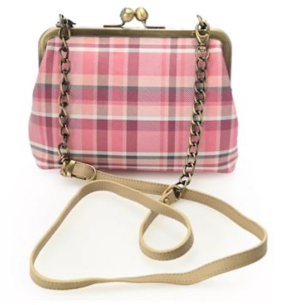Anuschka Pink and Tan Crossbody Bag with Kiss-Lock Closure